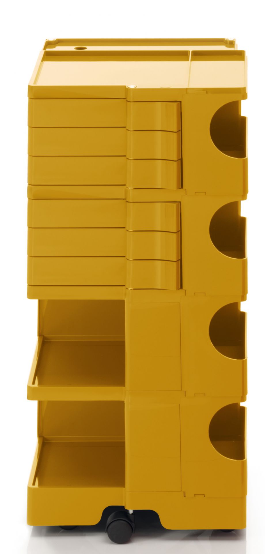 Gelber Boby Rollcontainer mit Schubladen, Fächern und Rollen. Bürocontainer für Büro und Homeoffice.